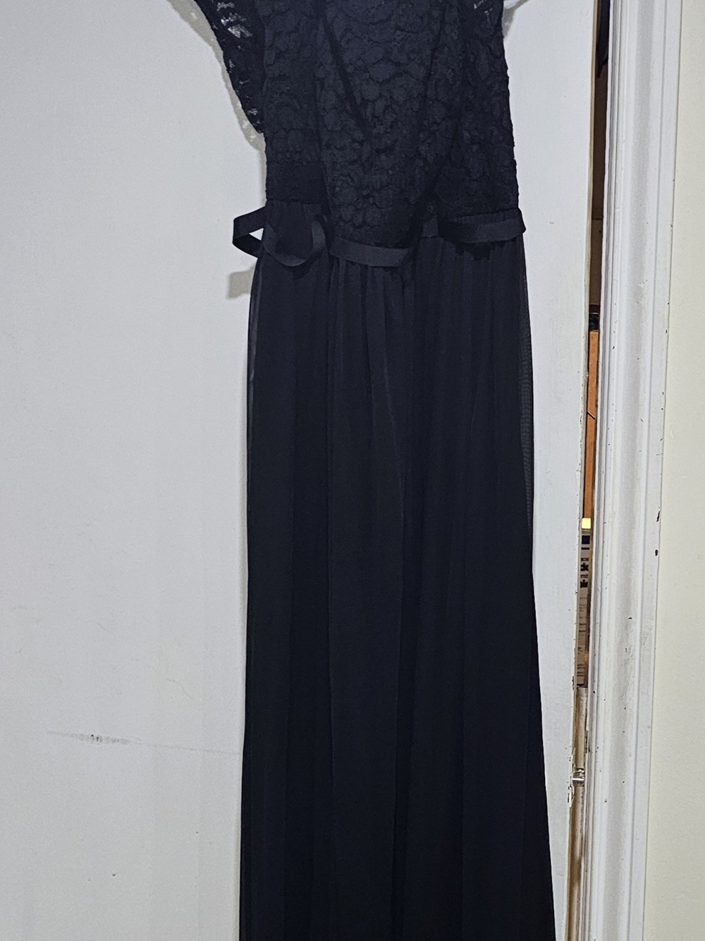 David's Bridal Black Lace Bodice Maxi Dress with Ribbon Waist